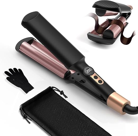 UKLISS Hair Waver - Mini Crimper, Pro Beach Waves Curler 250-400℉, 2 Barrels Mermaid Waver for Wavy Hair, Lightweight & Compact Size Wave Curling Iron Crimpers for Women, Double Voltage (Rose Gold)